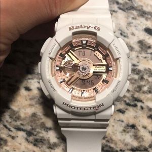 Baby-G Shock Watch w/Rose Gold face and white band